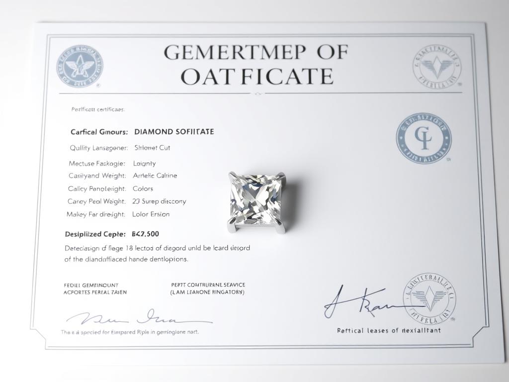 Certyfikat autentyczności pierścionka z brylantem z widocznymi parametrami kamienia