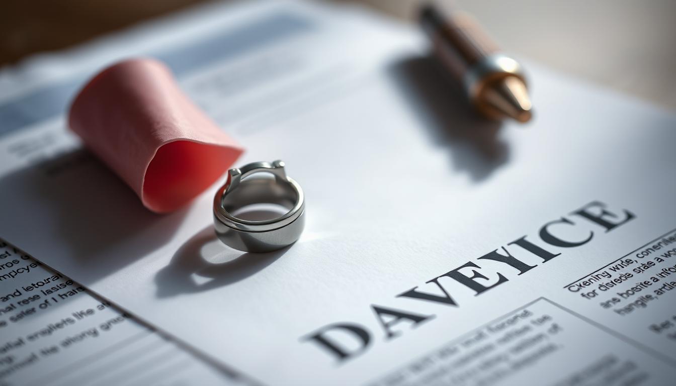 Obrączka ślubna leżąca na dokumentach rozwodowych, symbolizująca pytanie co zrobić z obrączką po rozwodzie