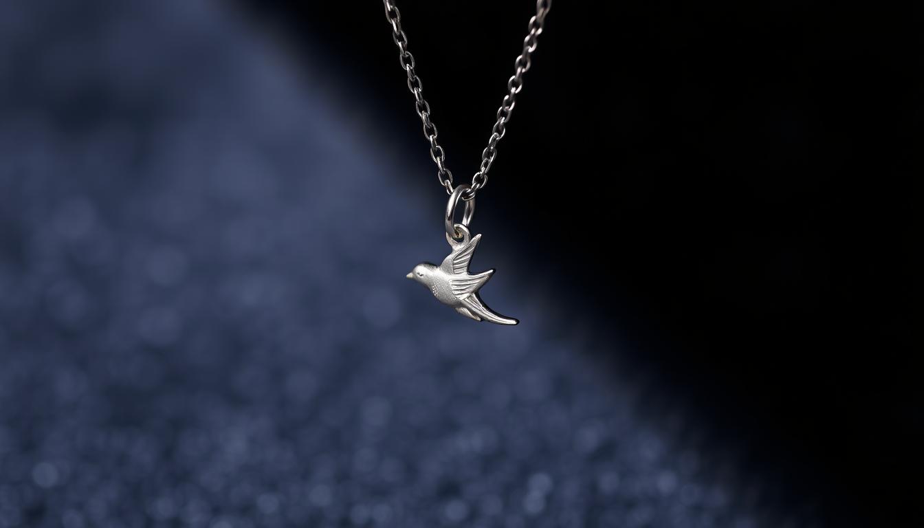 Srebrny naszyjnik z jaskółką symbol biżuteria na aksamitnym tle