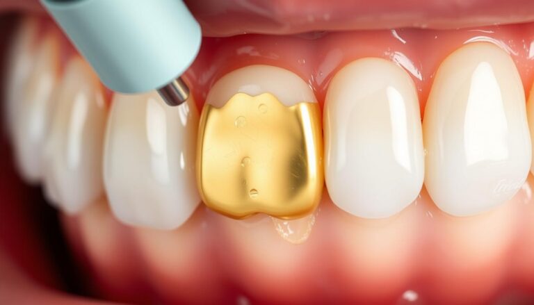 Złoty ząb - zbliżenie na złotą koronę zęba w jamie ustnej