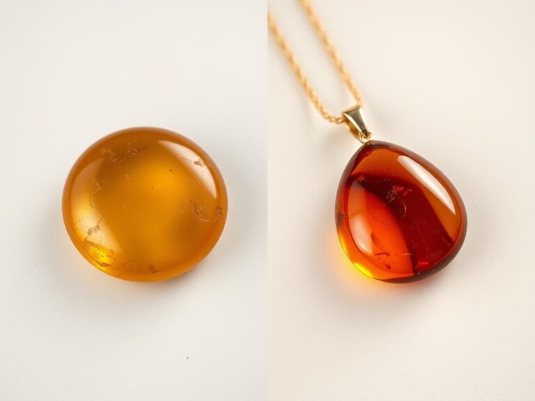Zmatowiały bursztyn obok lśniącego bursztynu - porównanie jak wyczyścić zmatowiały bursztyn