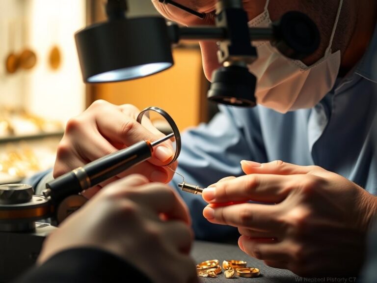 Jubiler sprawdzający złotą biżuterię przy użyciu profesjonalnych narzędzi