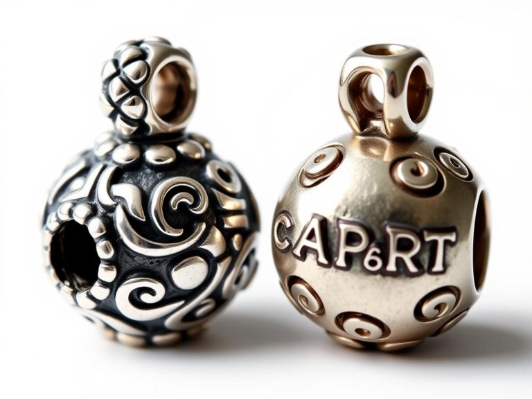 Porównanie charmsów Pandora i Apart obok siebie pokazujące różnice w rozmiarze i wykończeniu