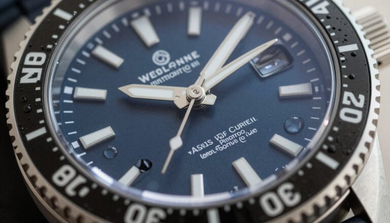 Profesjonalny zegarek nurkowy pod wodą pokazujący oznaczenia wodoszczelności