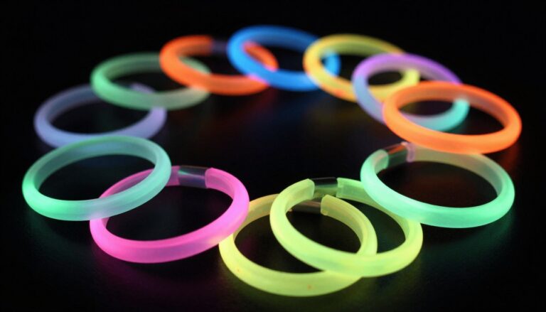 Świecące bransoletki fluorescencyjne w różnych kolorach w ciemności