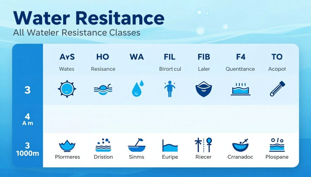 Tabela wszystkich klas wodoszczelności zegarków
