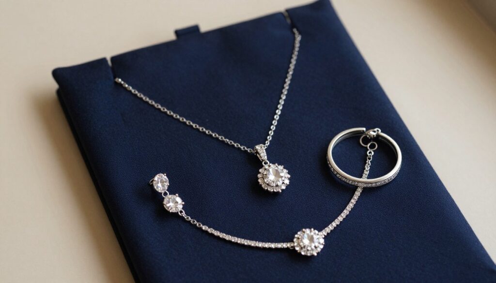 elegancka biżuteria do granatowej sukienki na wesele