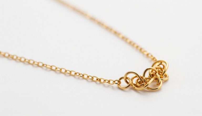 jak rozplątać łańcuszek - zaplątany złoty łańcuszek na białej powierzchni