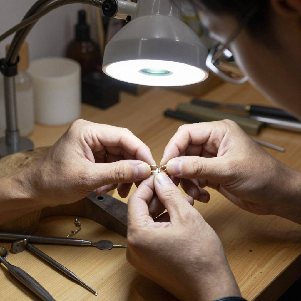 jubiler wykonujący dorobienie kolczyka w warsztacie