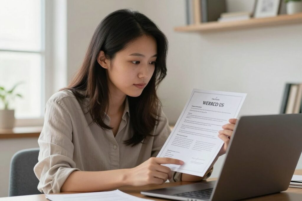 kobieta sprawdzająca certyfikaty biżuterii przed zakupem online