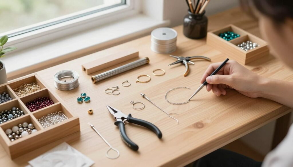 materiały do tworzenia biżuterii DIY leżące na stole warsztatowym