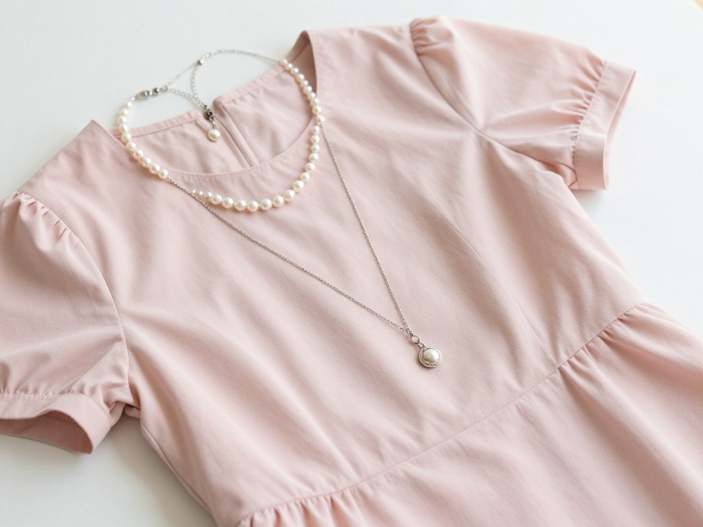 pastelowa różowa sukienka z perłami i srebrną biżuterią