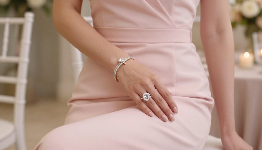 różowa sukienka weselna z eleganckimi kolczykami i naszyjnikiem