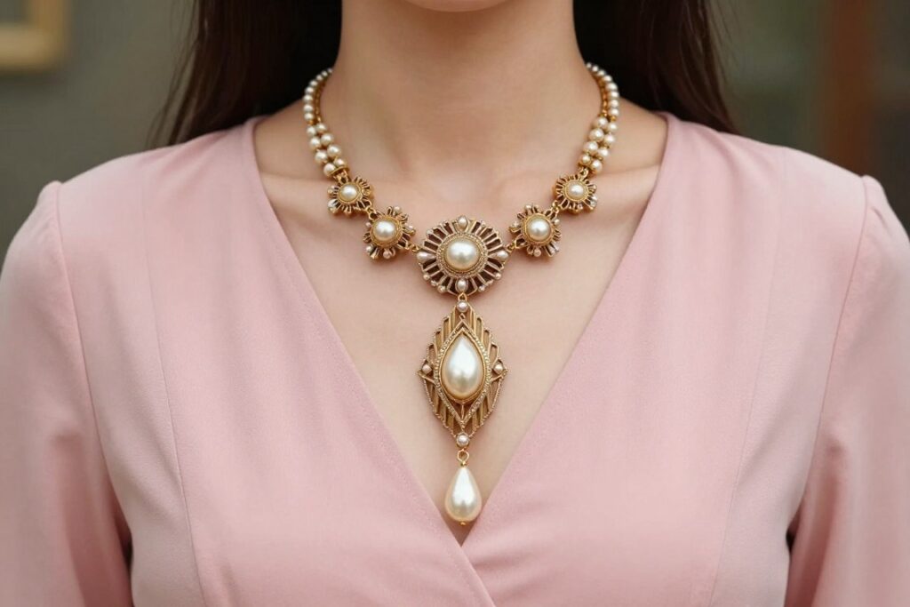 różowa sukienka z biżuterią w stylu vintage retro