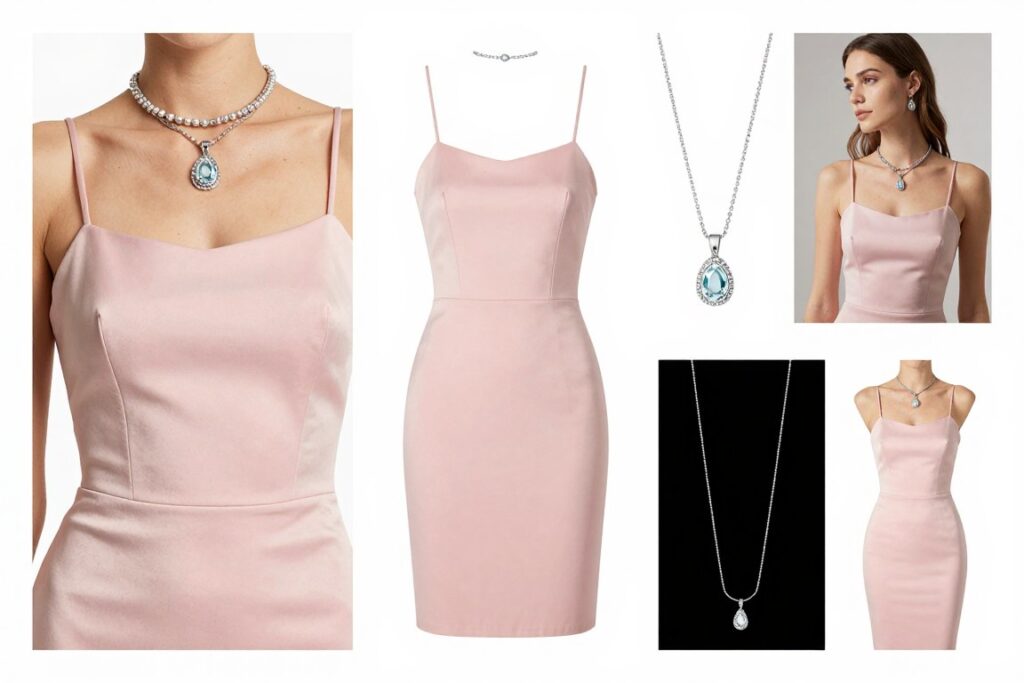 różowa sukienka z różnymi stylami naszyjników