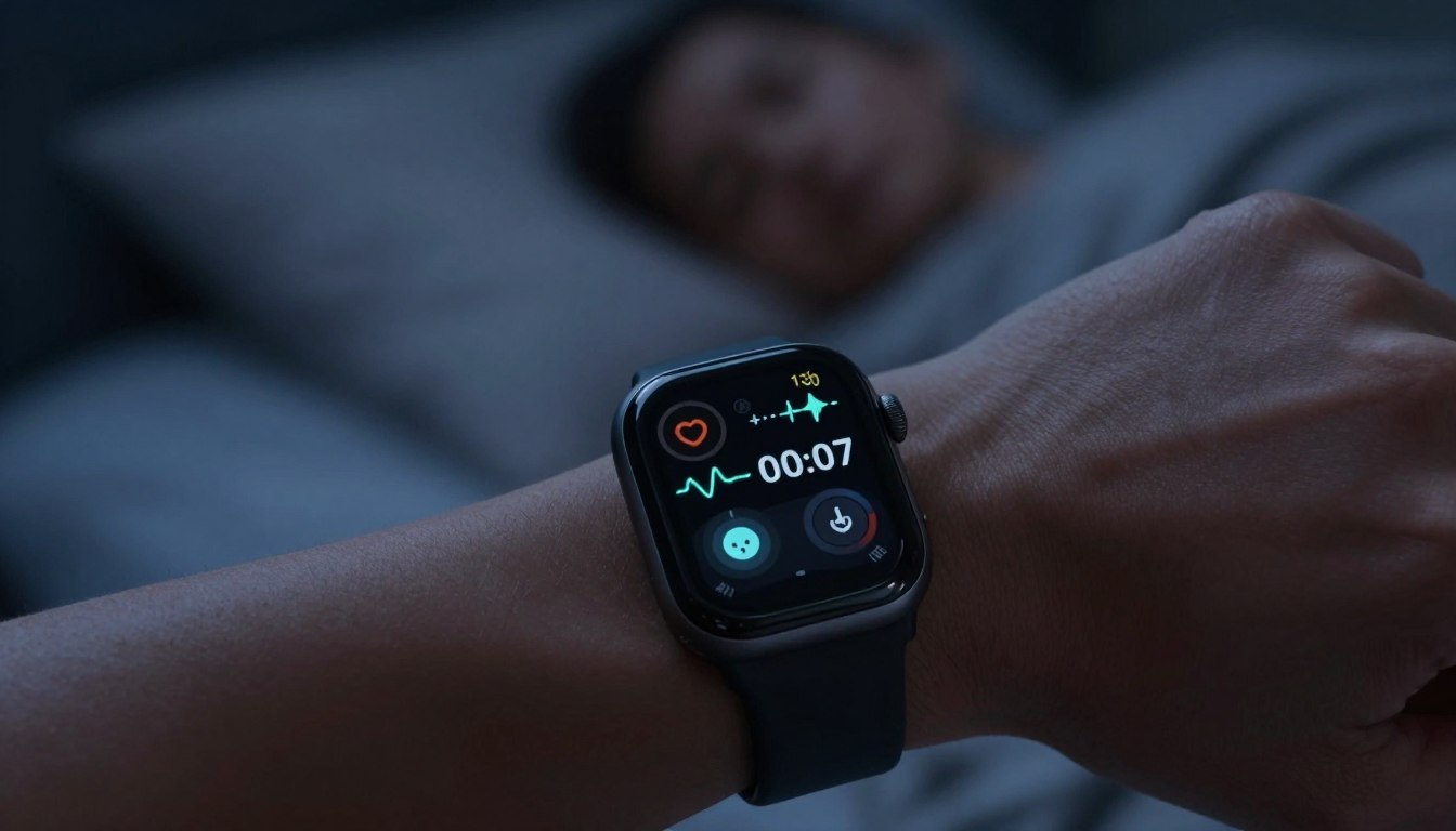 smartwatch mierzący sen na nadgarstku podczas nocnego odpoczynku