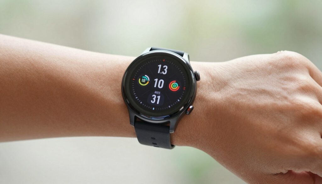 smartwatch na nadgarstku pokazujący interfejs użytkownika