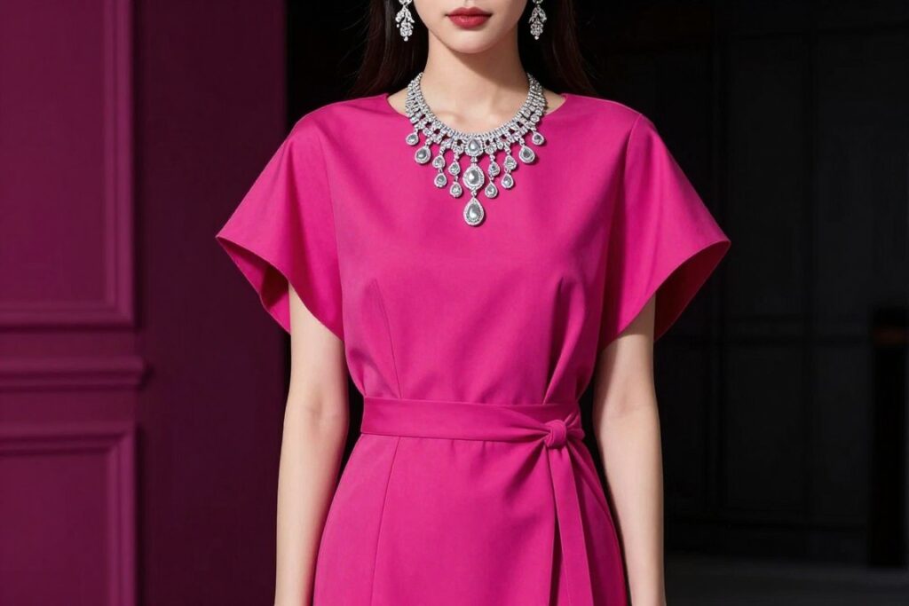 sukienka fuksja z efektowną srebrną biżuterią