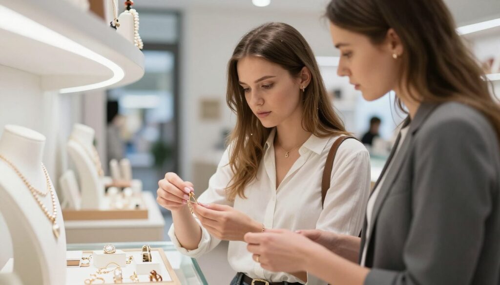 świadoma konsumentka wybierająca bezpieczną biżuterię w sklepie