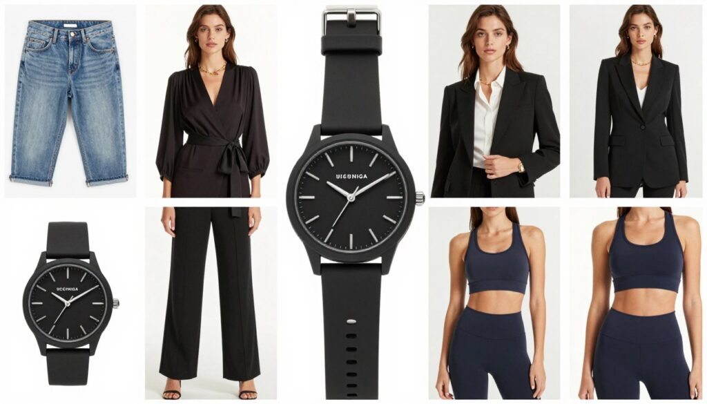 Czarny zegarek damski z silikonowym paskiem w różnych stylizacjach