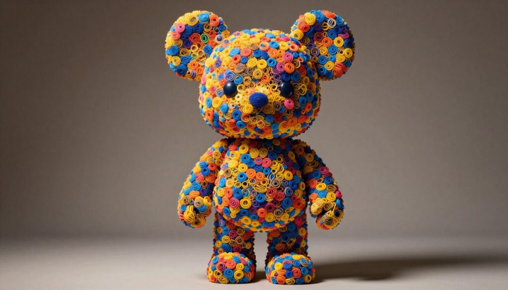 Duża maskotka postaci wykonana z tysięcy kolorowych gumek recepturek