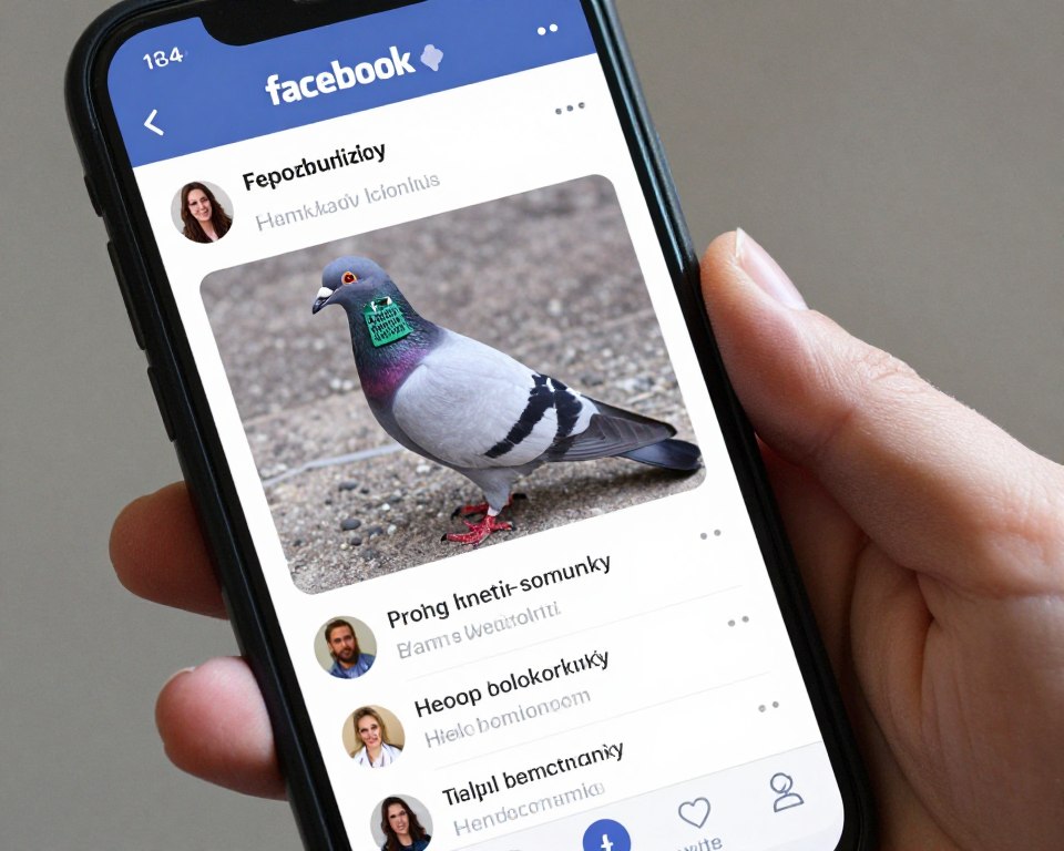 Ekran telefonu pokazujący post na grupie o zagubiony gołąb