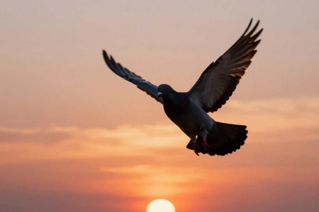 Gołąb pocztowy w locie na tle zachodzącego słońca