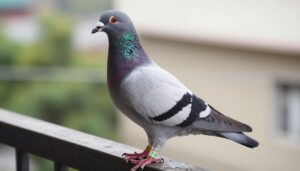 Gołąb pocztowy z obrączką na nodze siedzący na balkonie