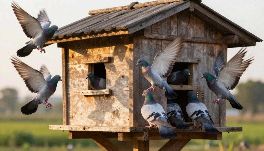Gołębnik z wieloma gołębiami pocztowymi wracającymi z lotu