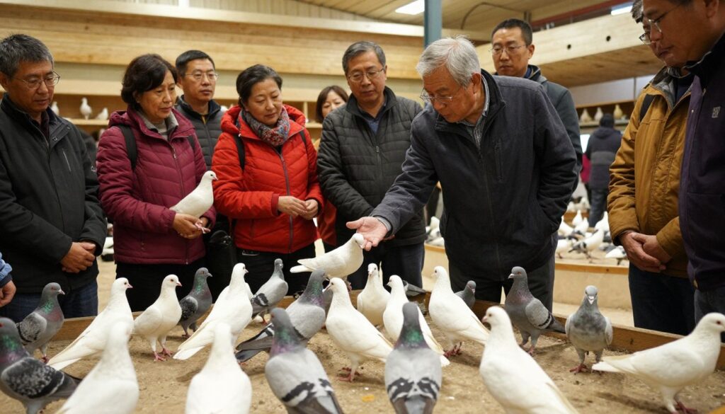 Grupa osób oglądających gołębie pocztowe w gołębniku