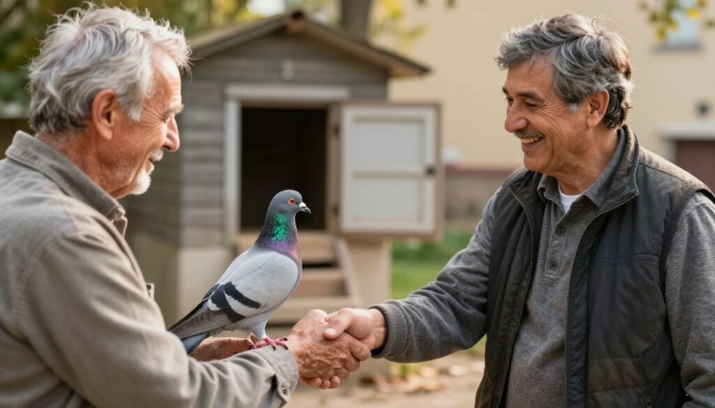 Hodowca odbierający swojego gołębia od znalazcy