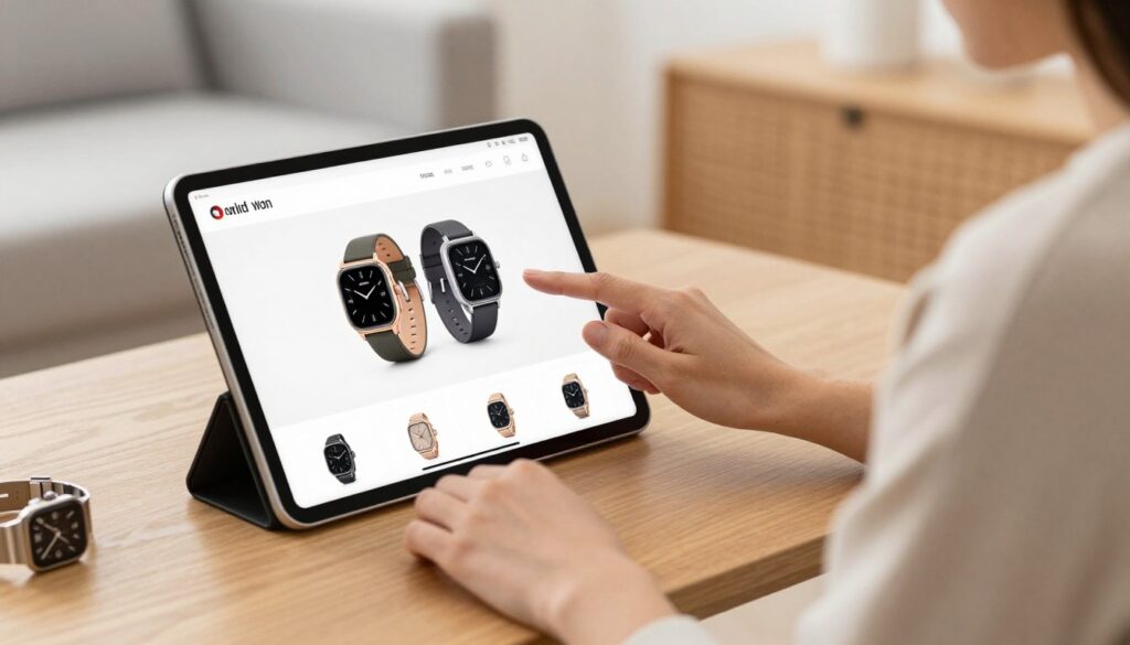 Kobieta przeglądająca zegarki w sklepie internetowym na tablecie