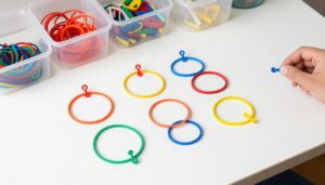 Kolorowe gumki recepturki w różnych kolorach ułożone na stole z akcesoriami do robienia bransoletek z gumek