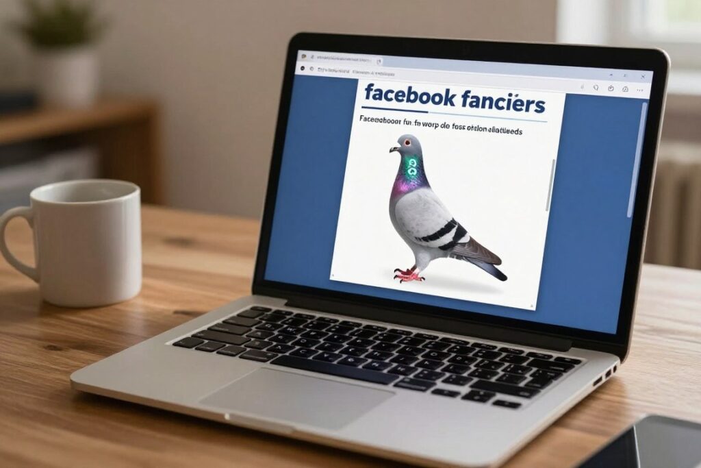 Laptop z otwartą stroną grupy hodowców gołębi na portalu społecznościowym