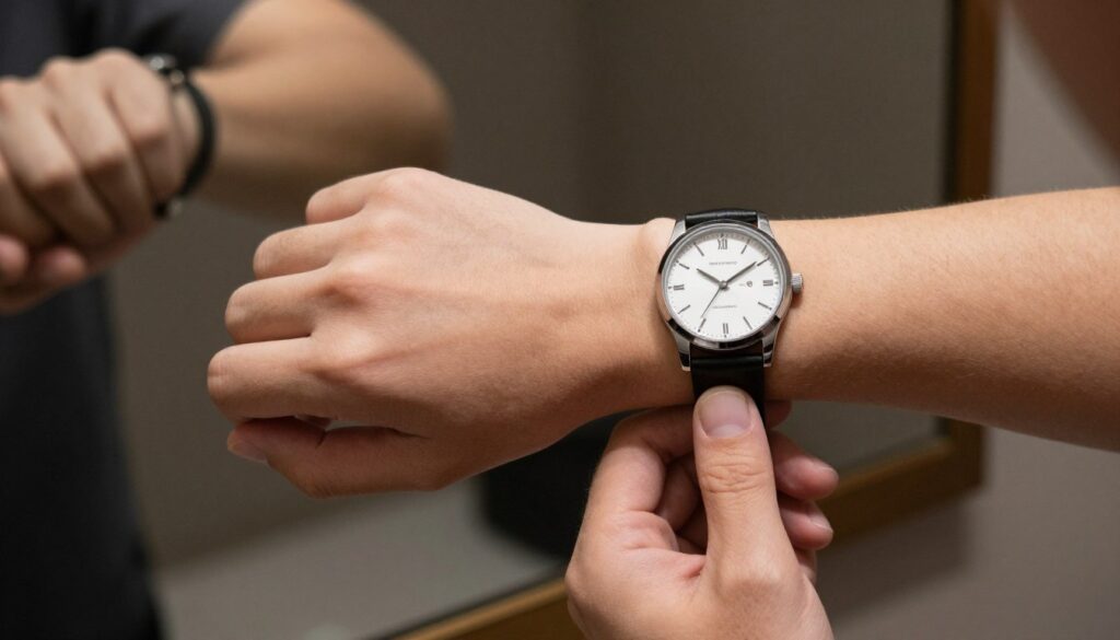 Leworęczna osoba nosząca zegarek na prawej ręce