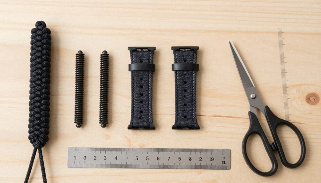Materiały do wykonania paska ze sznurka - paracord, sprężynki, nożyczki