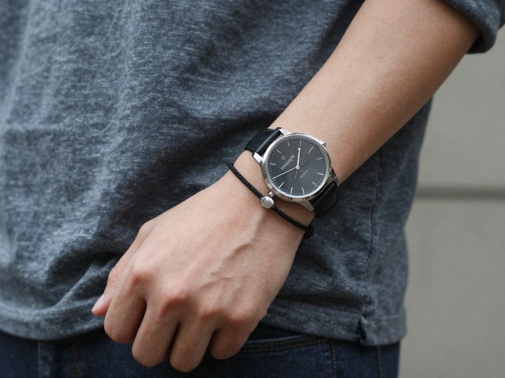 Mężczyzna noszący zegarek i jedną bransoletkę ze sznurka