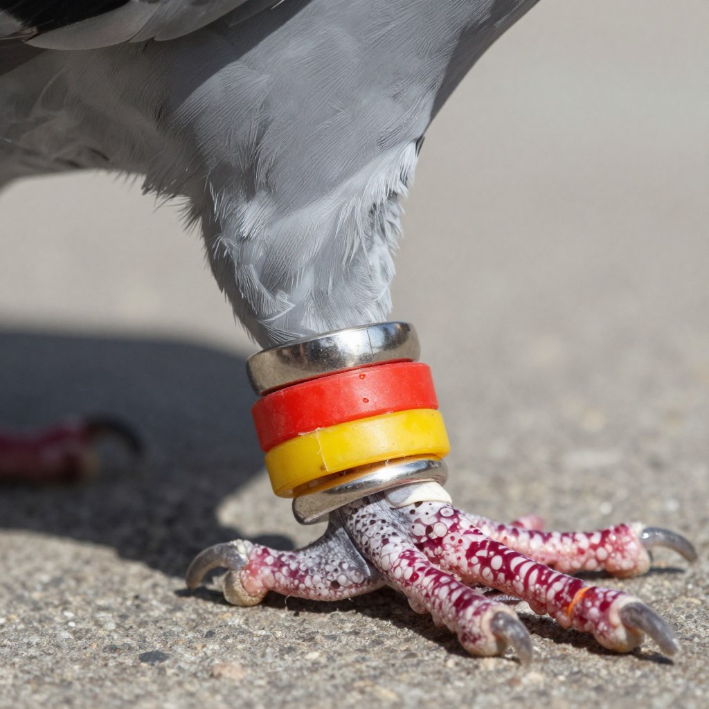 Noga gołębia z dwiema obrączkami różnych kolorów
