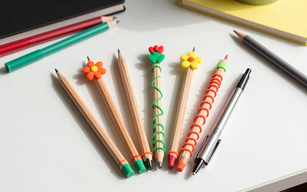 Ołówki i długopisy ozdobione kolorowymi gumkami recepturkami w różnych wzorach