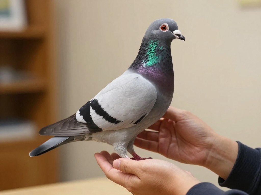 Osoba delikatnie trzymająca gołębia pocztowego w rękach