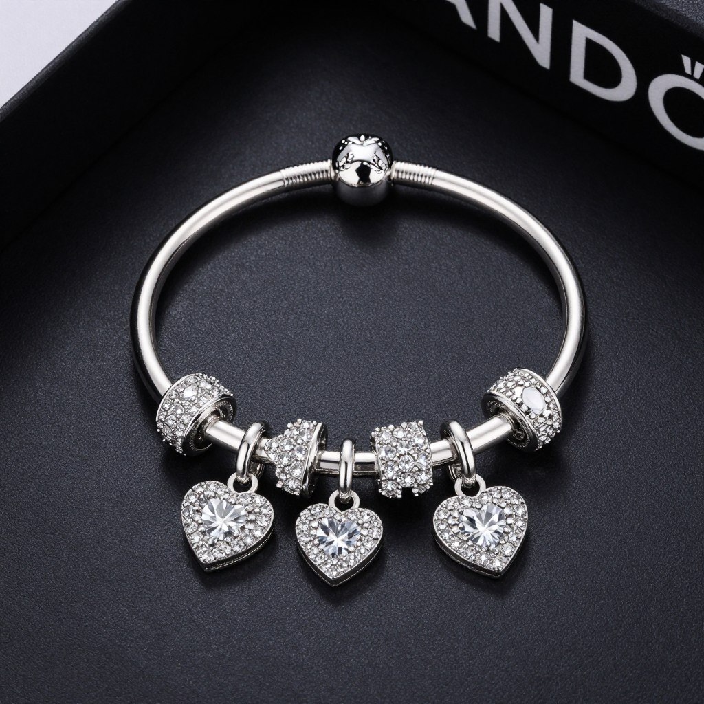 Pandora zestaw z błyszczącymi charmsami na walentynki