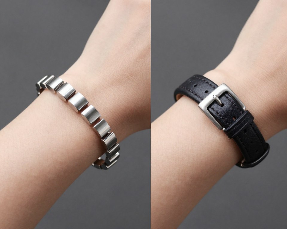 Porównanie bransolet metalowej i skórzanej na nadgarstku