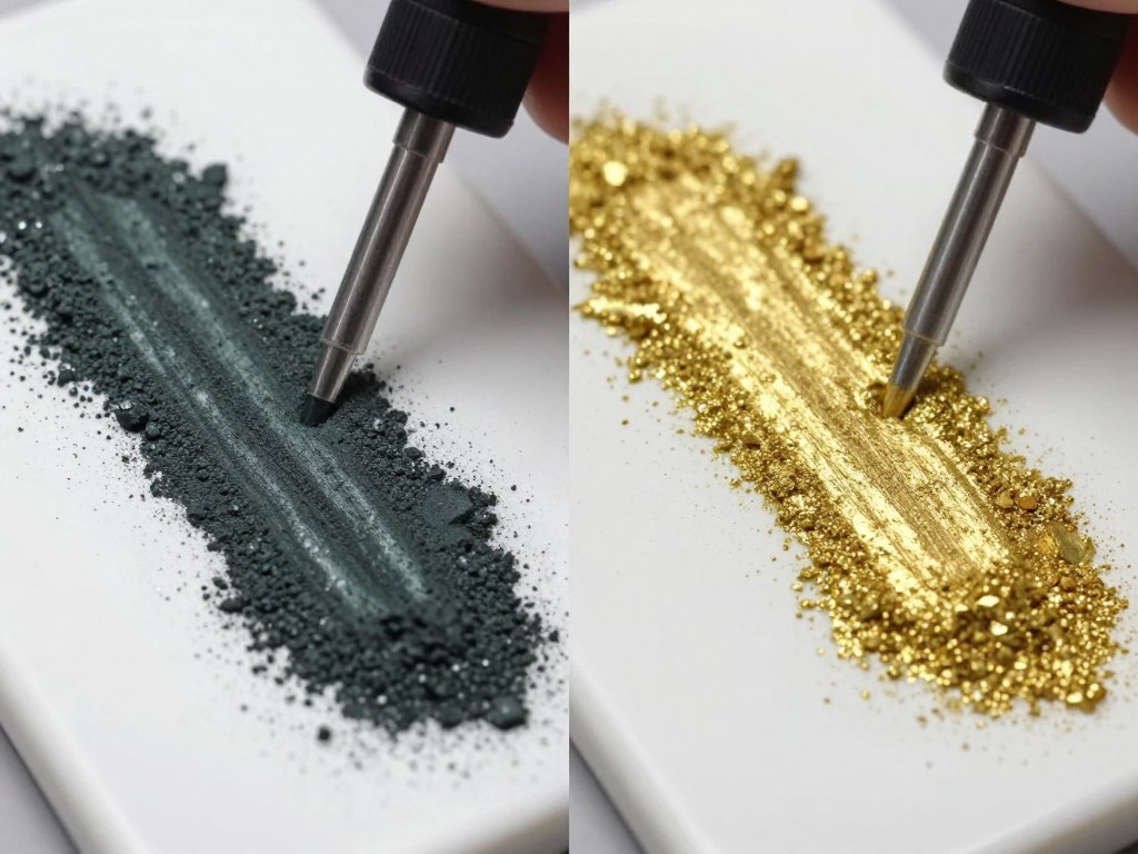 Porównanie śladów pirytu i złota na porcelanie
