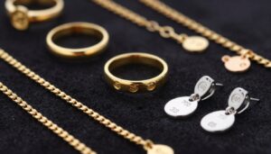 Próby złota - różne odcienie złotej biżuterii z oznaczeniami próby