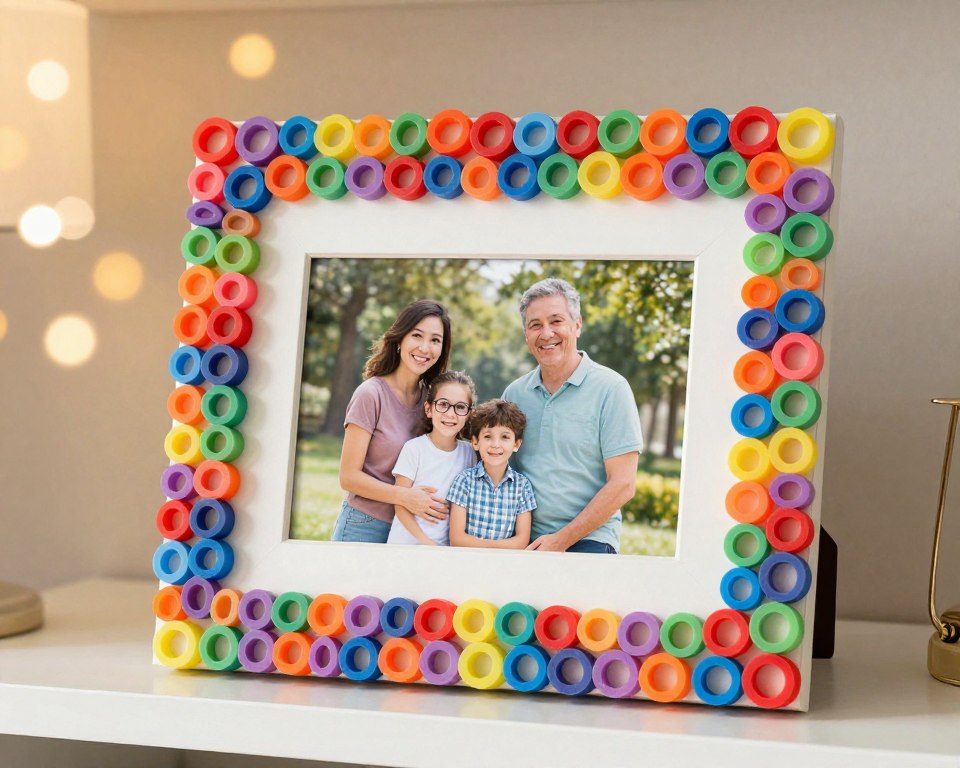 Ramka na zdjęcia ozdobiona kolorowymi gumkami recepturkami