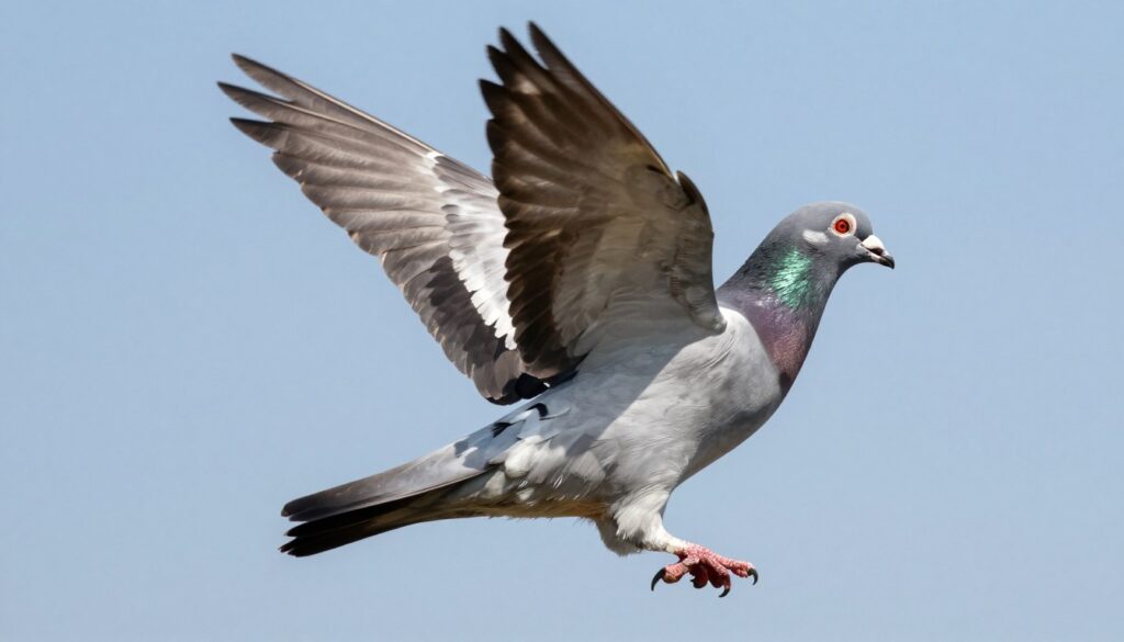 Rasowy gołąb pocztowy w locie z widocznymi szczegółami upierzenia