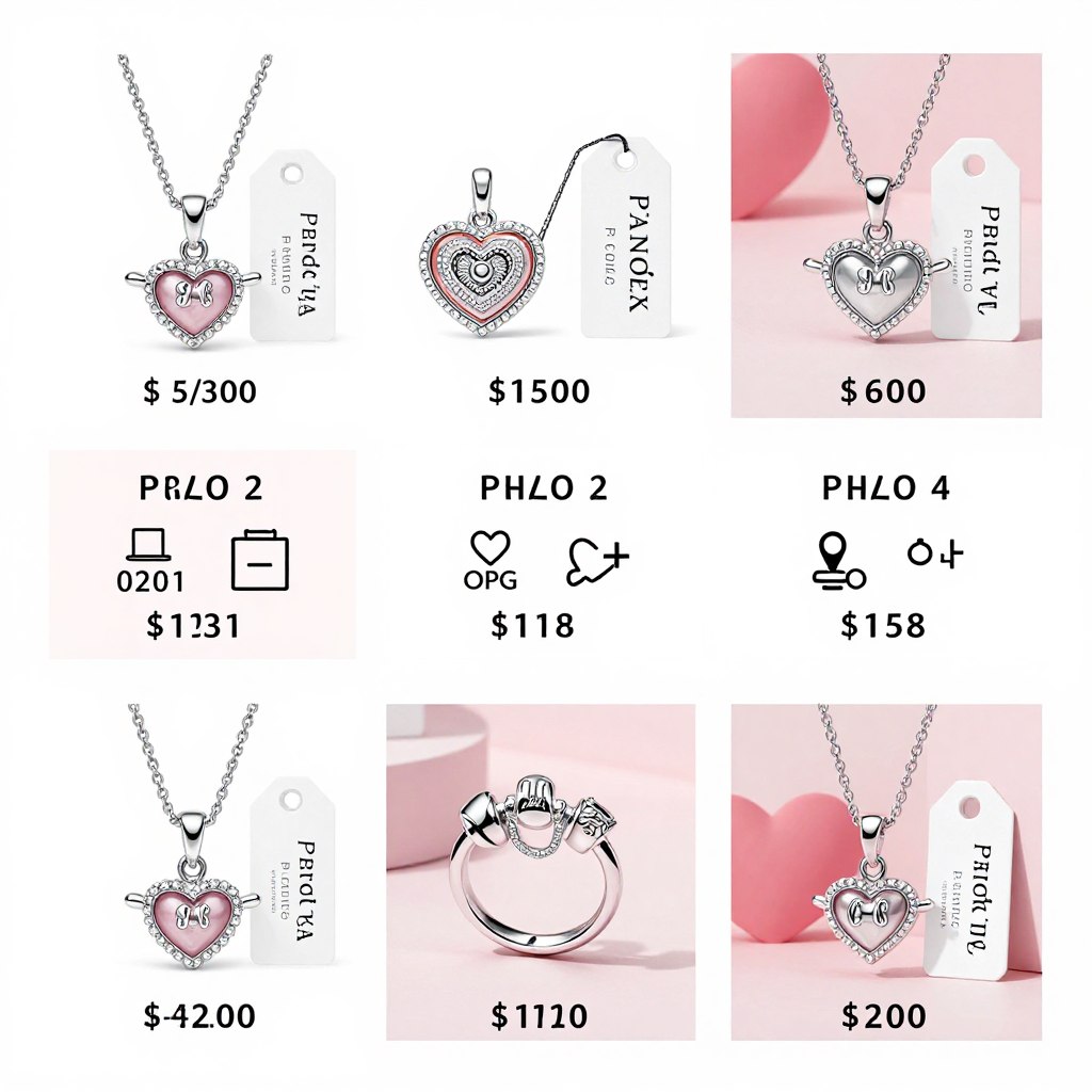 Różne charmsy Pandora z oznaczeniem przedziałów cenowych