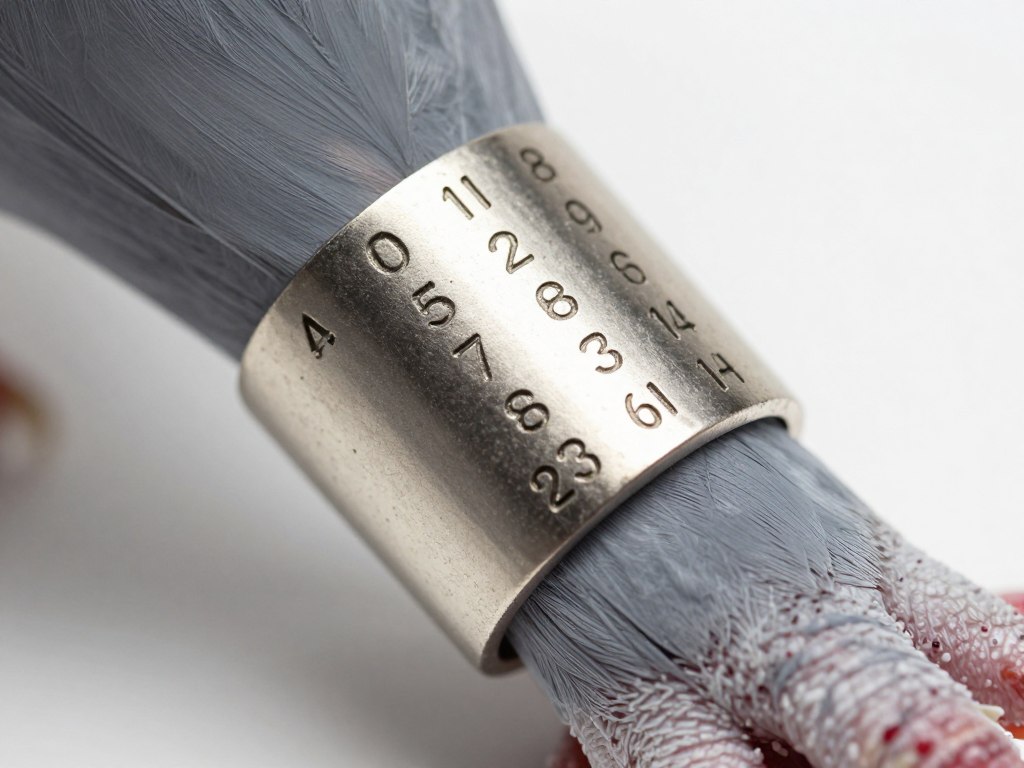 Zbliżenie na obrączkę gołębia z widocznym numerem identyfikacyjnym