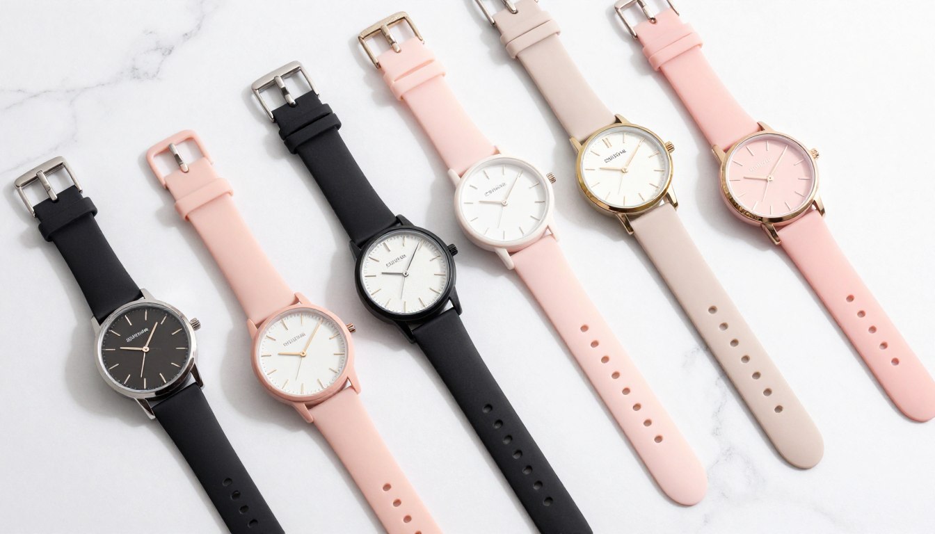 Zegarki silikonowe damskie w różnych kolorach na eleganckiej prezentacji