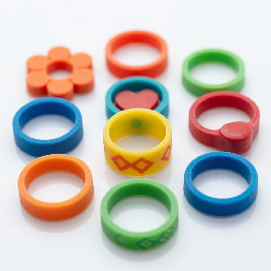 Zestaw kolorowych pierścionków wykonanych z gumek recepturek w różnych wzorach